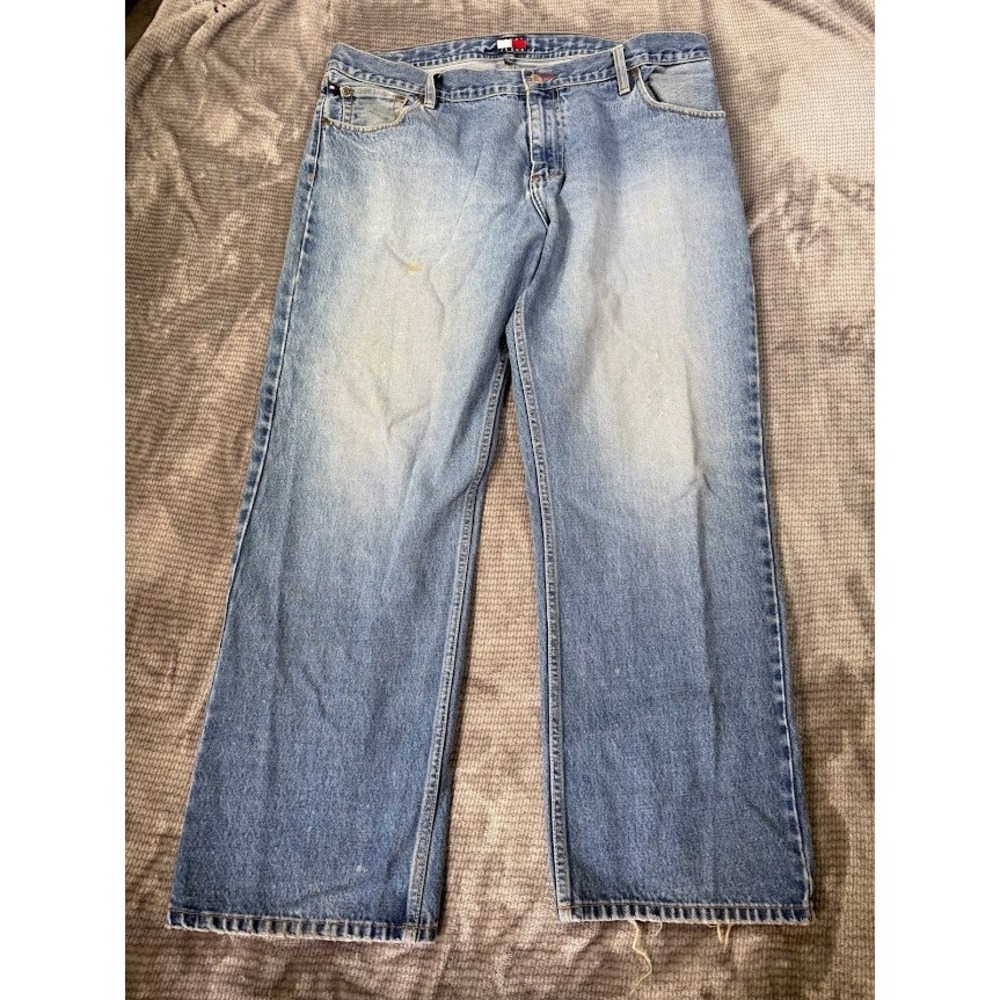 Tommy Jeans Vintage‎ Mens 38x30 Light Wash Wide Leg Denim Blue Pants 100% Cotton